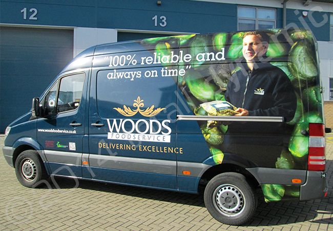 Mercedes Sprinter fleet wrapped in a printed vehicle wrap design for Woods Food Services by Totally Dynamic South London