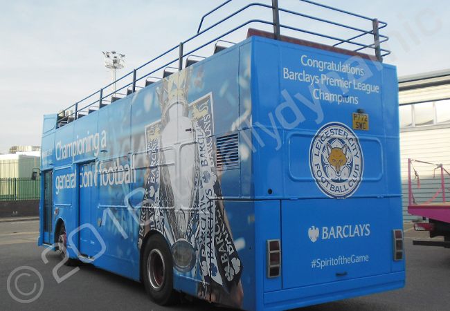 Open top bus vinyl wrapped for Barclays & Leicester City FC
