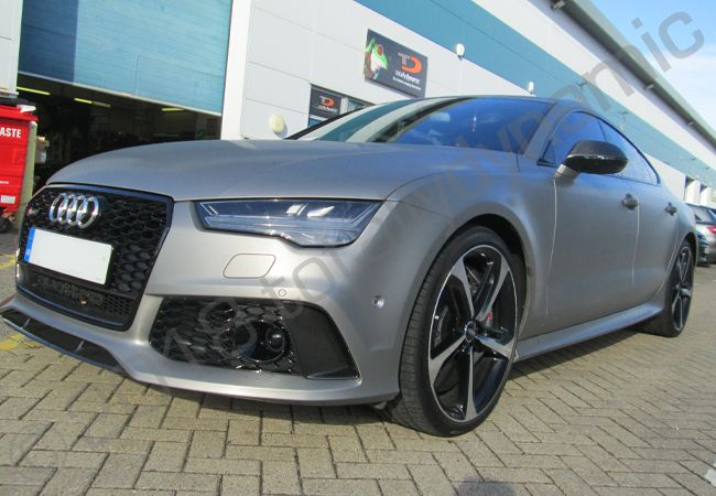 Audi RS7 wrapped in a brushed metallic silver car wrap