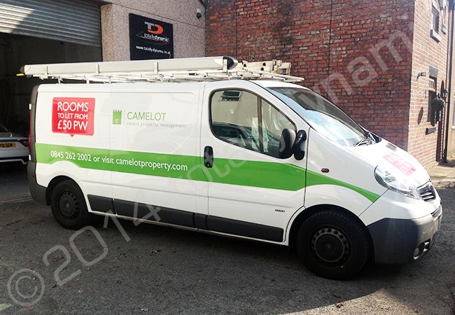 Vauxhall VivaroÂ part-wrapped in a printed van wrap design for Camelot Property Management by Totally Dynamic Manchester
