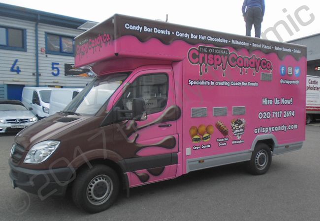 Mercedes Sprinter van vinyl wrapped for Crispy Candy Co