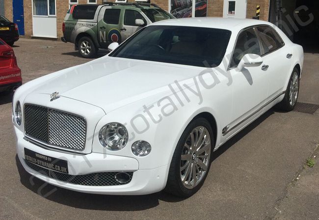 Bentley Mulsanne vinyl wrapped in a gloss white car wrap