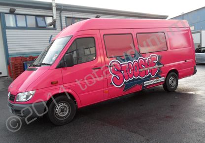 Mercedes Sprinter tour bus wrapped in full colour printed vinyl by Totally Dynamic North London