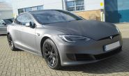 Tesla Model S fully vinyl wrapped in dark matt metallic grey