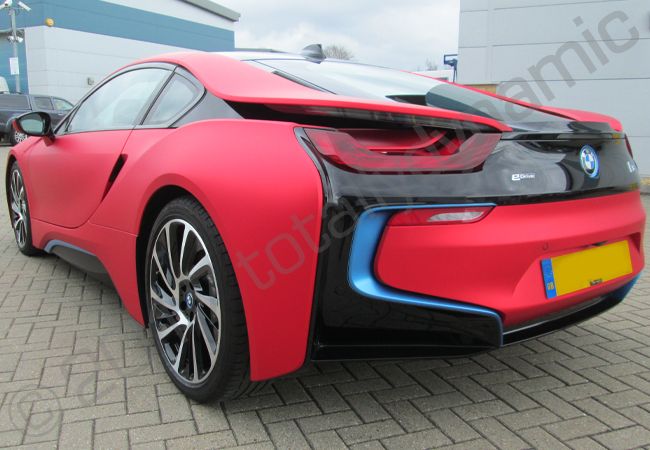 BMW i8 Fully vinyl wrapped in matt laminated red chrome