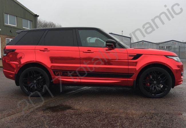 Range Rover Sport Autobiography with a red chrome vinyl car wrap