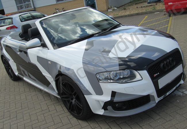 Audi RS4 vinyl wrapped in a printed grey camouflage car wrap