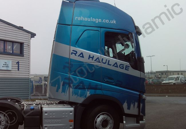 Volvo FH lorry cab fully vinyl wrapped for R A Haulage