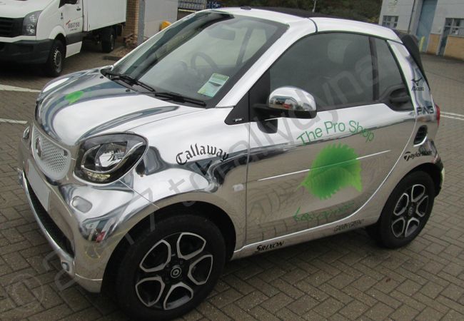 Smart car in a chrome vinyl car wrap for The Pro Golf Shop Jersey
