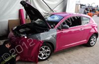 Alfa Romeo Mito fully wrapped in printed colour-matched pink vinyl by Totally Dynamic North London