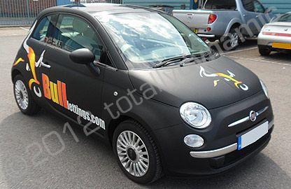 Fiat 500 fully wrapped in matt black with printed & cut graphics overlaid by Totally Dynamic North London