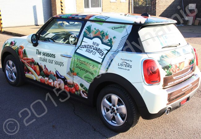 MINI fully vinyl wrapped for New Covent Garden Soups in a printed vehicle wrap design by Totally Dynamic Norfolk