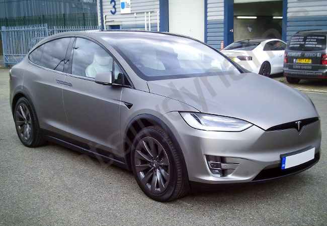 Tesla Model X fully wrapped in a matt aluminium grey car wrap