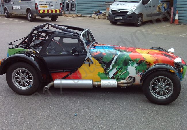 Caterham 7 fully vinyl wrapped in a printed car wrap design
