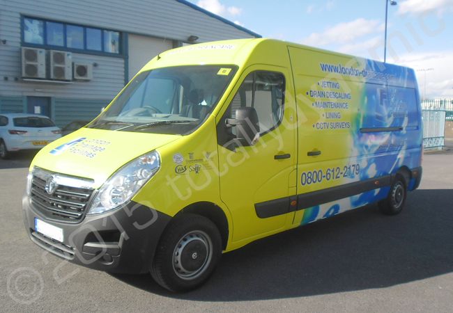 Vauxhall Movano van fully vinyl wrapped for London Drainage in a printed vehicle wrap design by Totally Dynamic North London