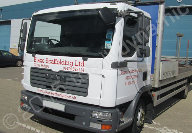 MAN TGL lorry cab vinyl wrapped for Blaze Scaffolding