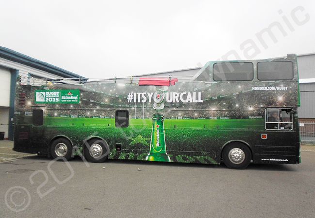 Rugby World Cup 2015 open top bus vinyl wrapped in a printed bus wrap design by Totally Dynamic North London