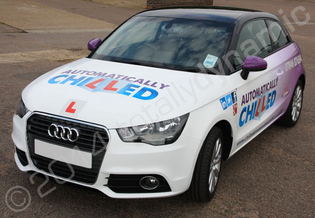 Audi A1 fully vinyl wrapped in a printed vehicle wrap for Chilled Driving Tuition by Totally Dynamic Norfolk